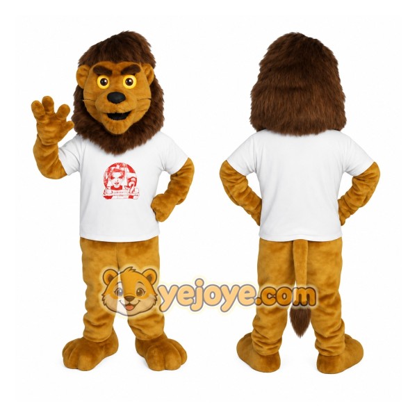 Golden Brown Lion In White Shirt Mascot Costume