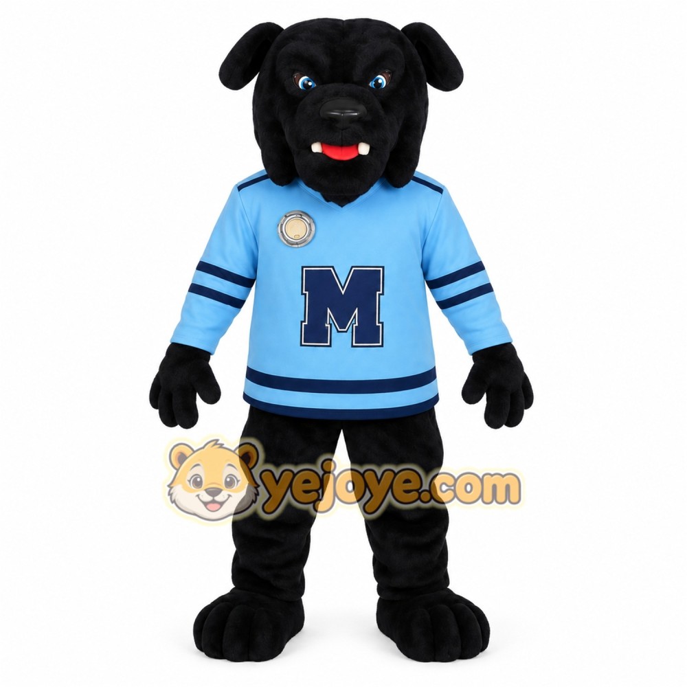 Black Dog In Light Blue Jersey Mascot Costume Black Dog In Light Blue Jersey Mascot Costume
