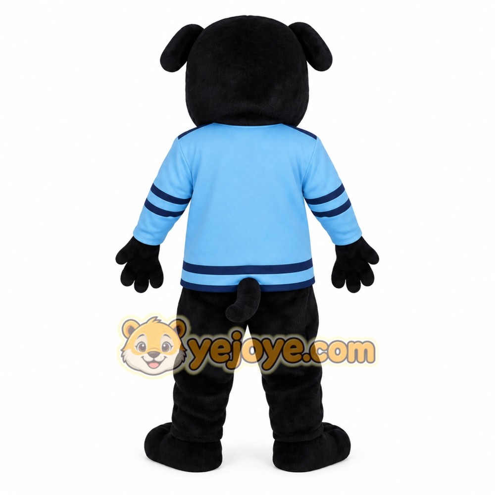 Black Dog In Light Blue Jersey Mascot Costume Black Dog In Light Blue Jersey Mascot Costume