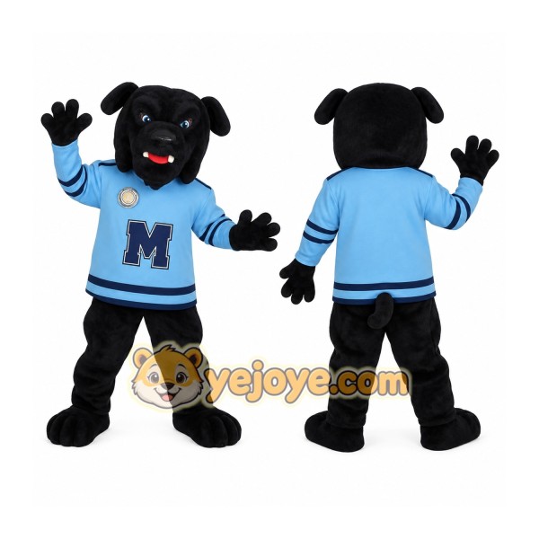 Black Dog In Light Blue Jersey Mascot Costume