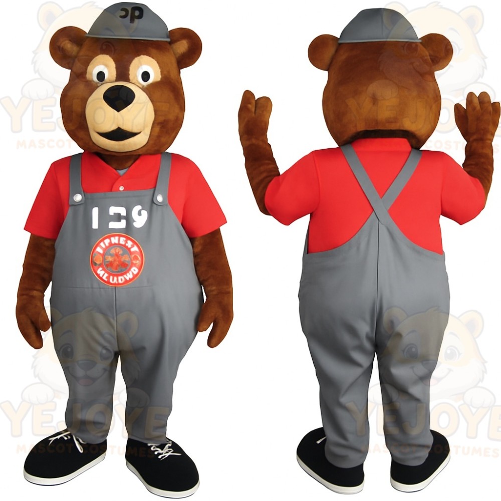Brown Bear Worker Gray Red Mascot Costume