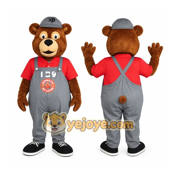 Brown Bear Worker Gray Red Mascot Costume
