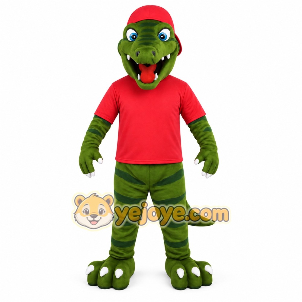 Green Red Striped Dinosaur Mascot Costume