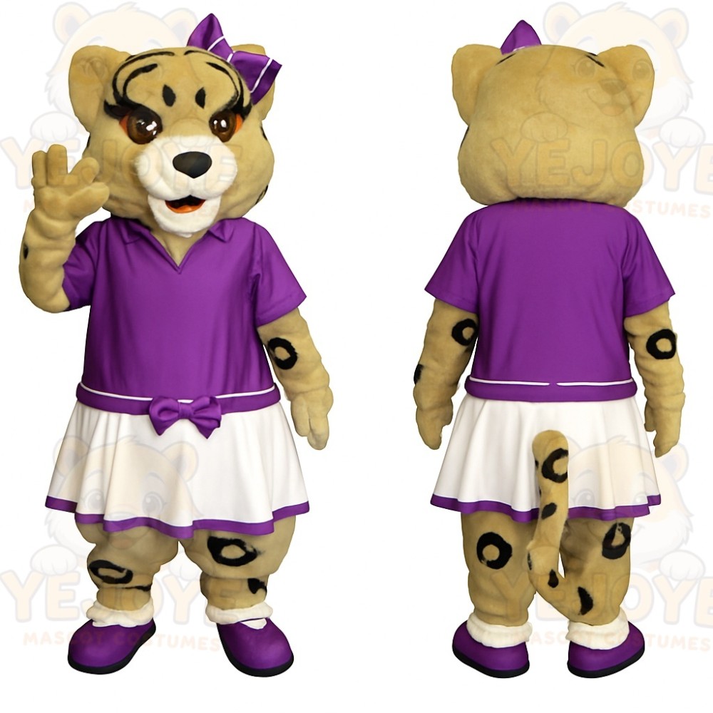 Tan Purple Female Cheetah Mascot Costume