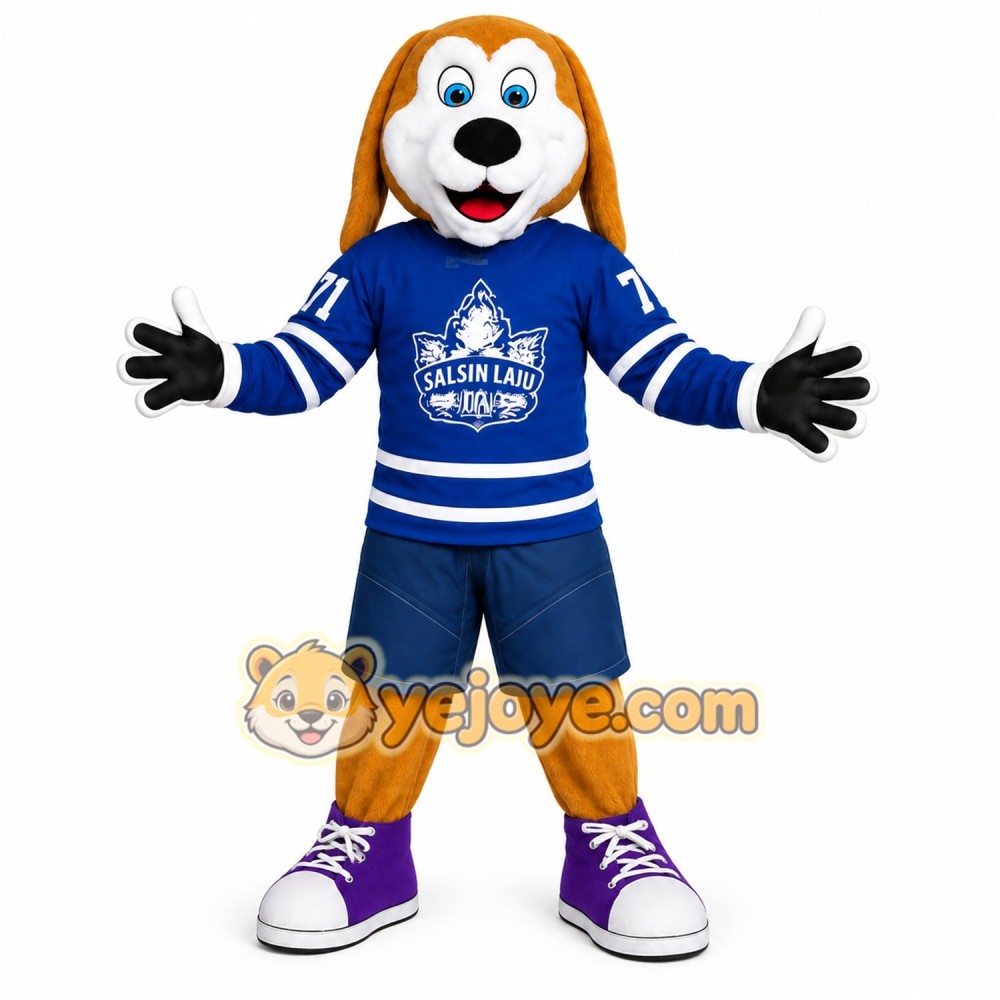 Brown White Blue Hockey Dog Mascot Costume