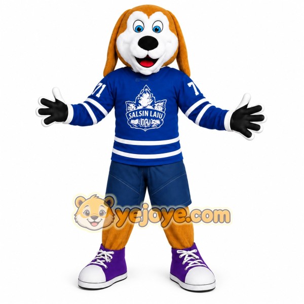 Brown White Blue Hockey Dog Mascot Costume Brown White Blue Hockey Dog Mascot Costume