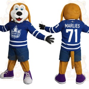 Brown White Blue Hockey Dog Mascot Costume