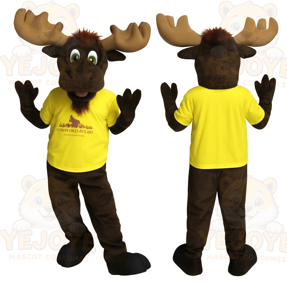 Brown Tan Moose With Yellow Shirt Mascot Costume