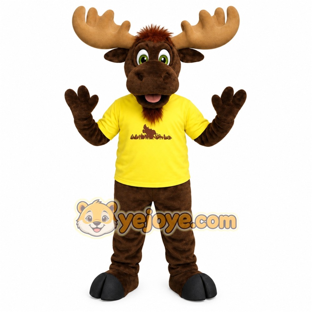 Brown Tan Moose With Yellow Shirt Mascot Costume Brown Tan Moose With Yellow Shirt Mascot Costume