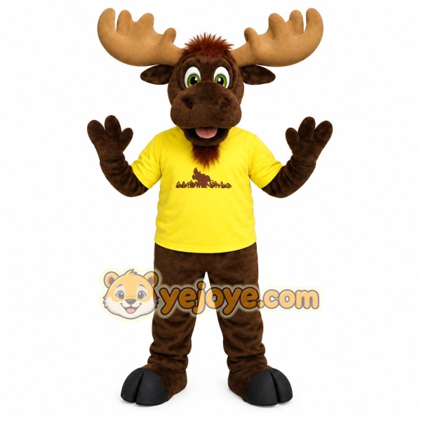 Brown Tan Moose With Yellow Shirt Mascot Costume