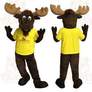 Brown Tan Moose With Yellow Shirt Mascot Costume