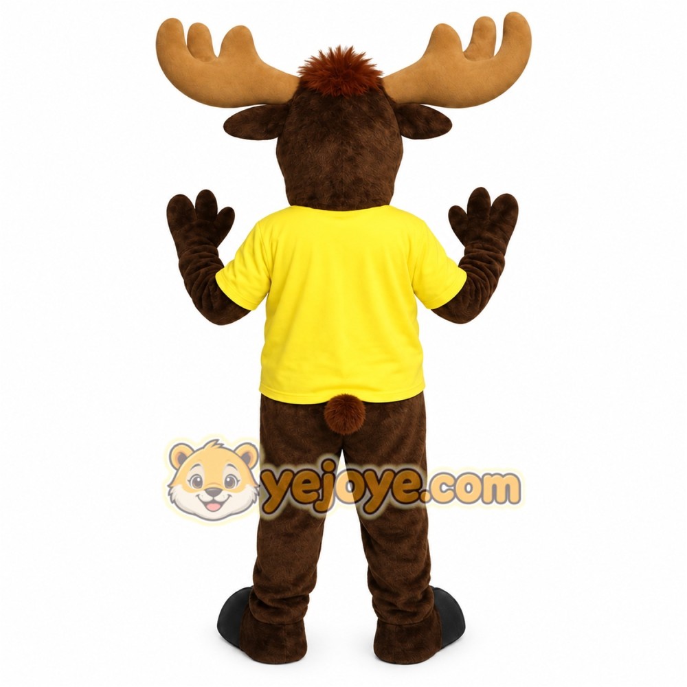 Brown Tan Moose With Yellow Shirt Mascot Costume Brown Tan Moose With Yellow Shirt Mascot Costume