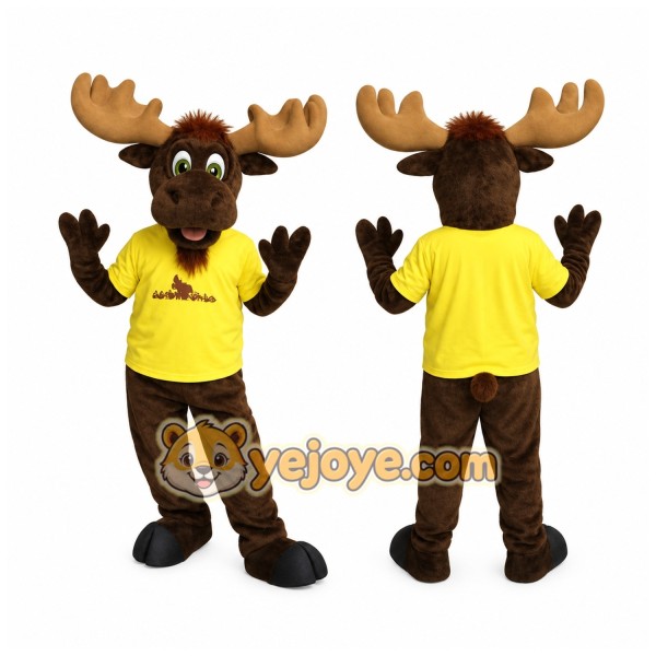 Brown Tan Moose With Yellow Shirt Mascot Costume