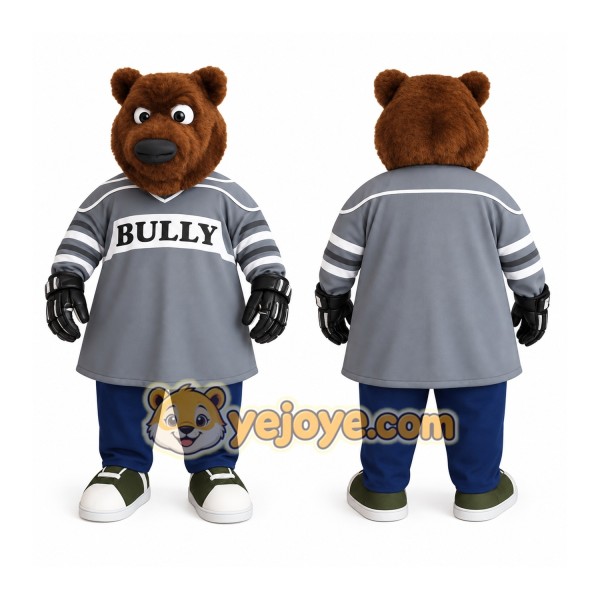Brown Gray Navy Hockey Bear Mascot Costume