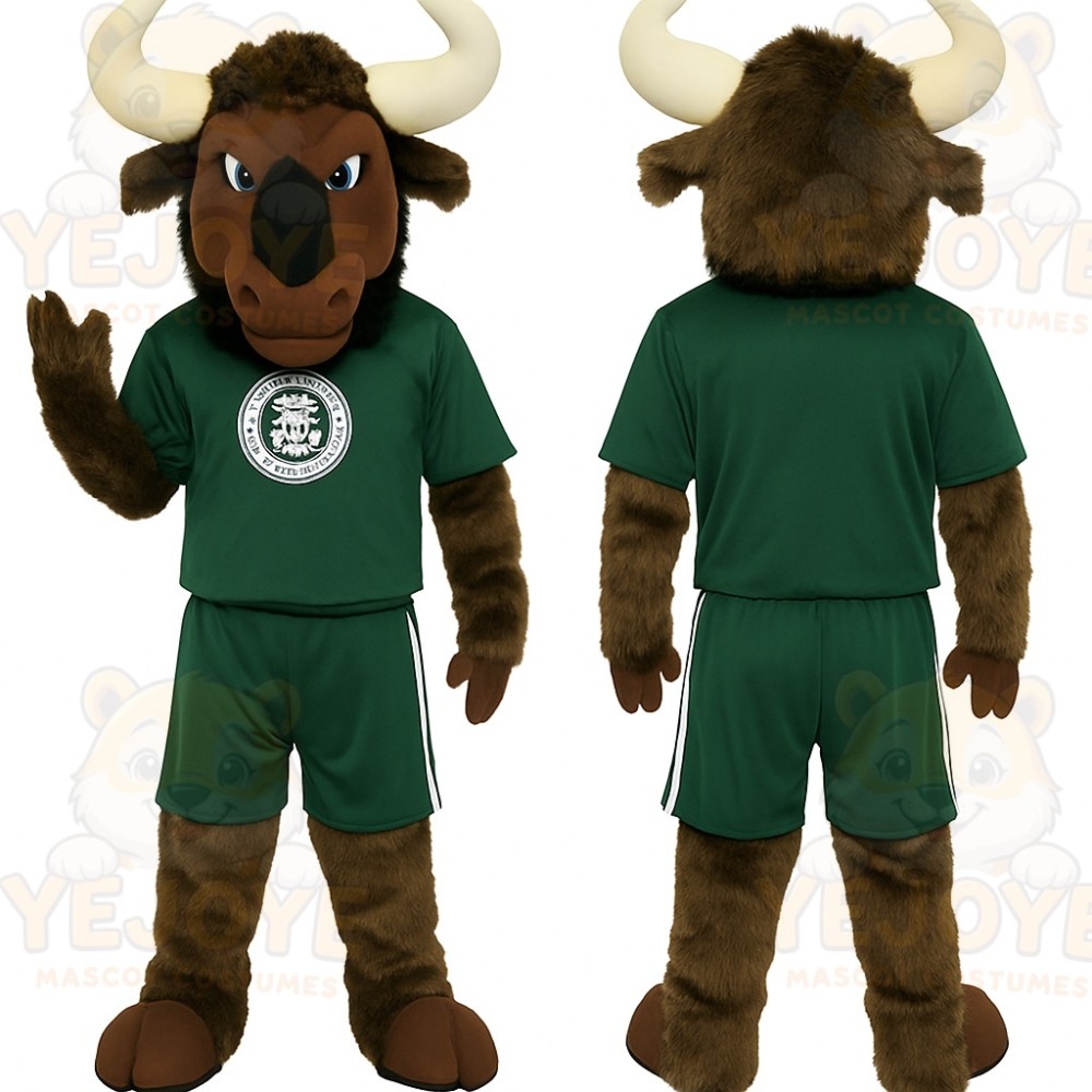 Brown Green White Horned Bull Mascot Costume