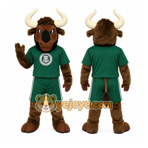 Brown Green White Horned Bull Mascot Costume