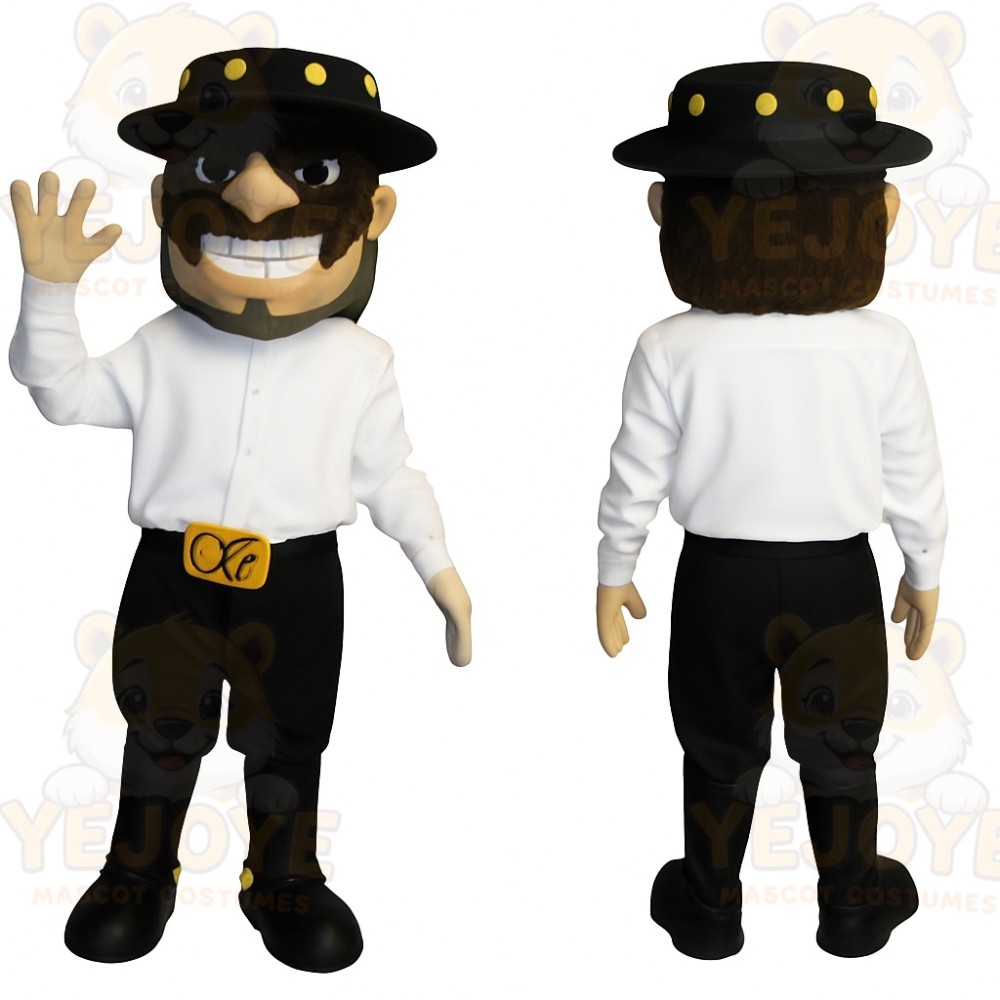 Black White Yellow Mustached Cowboy Mascot Costume