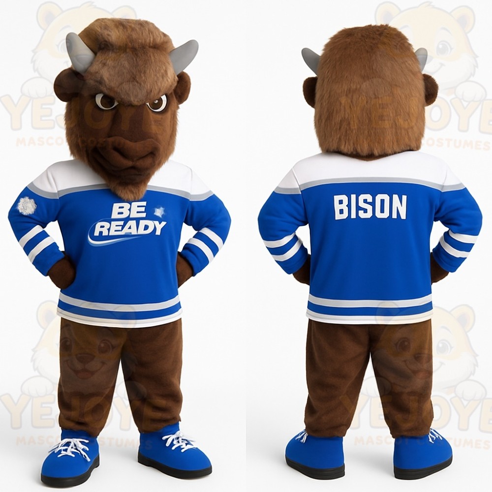 Brown Blue Bison Mascot Costume
