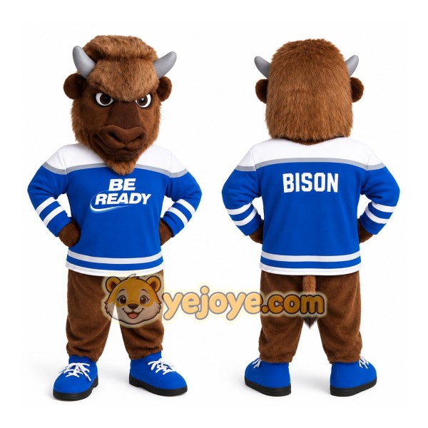 Brown Blue Bison Mascot Costume