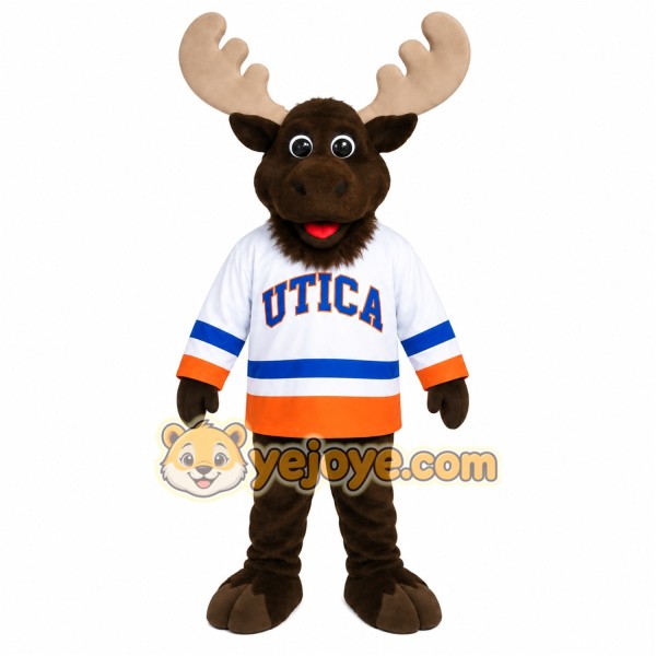 Brown Moose White Blue Orange Hockey Mascot Costume