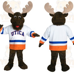 Brown Moose White Blue Orange Hockey Mascot Costume