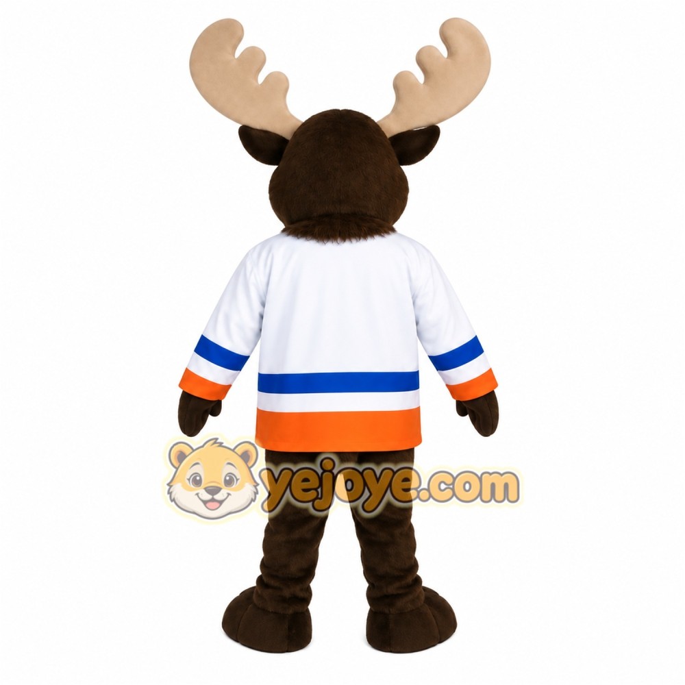 Brown Moose White Blue Orange Hockey Mascot Costume Brown Moose White Blue Orange Hockey Mascot Costume