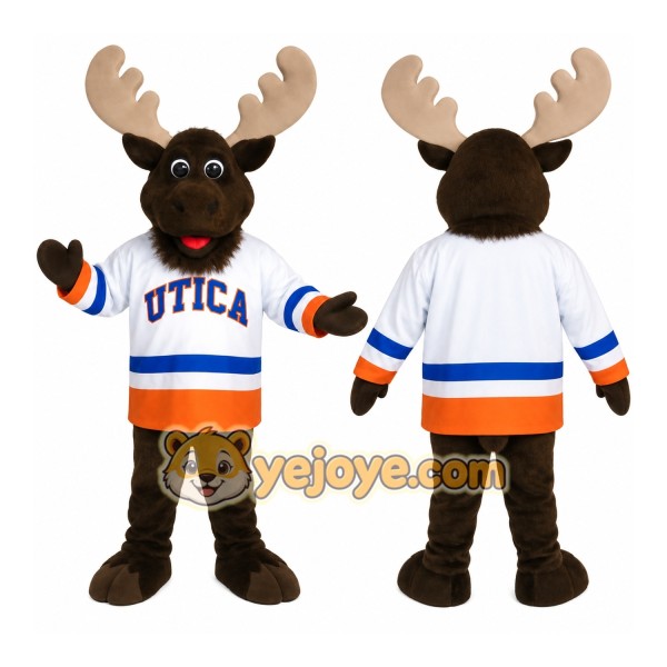 Brown Moose White Blue Orange Hockey Mascot Costume