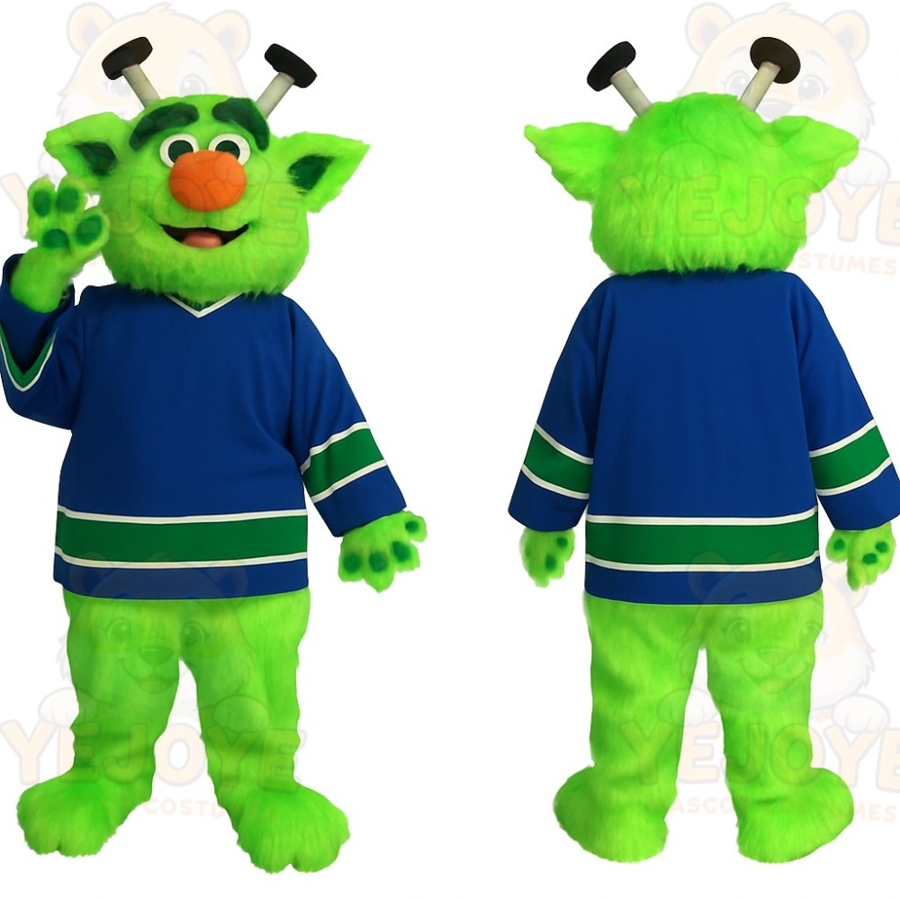 Bright Green Blue Hockey Alien Mascot Costume