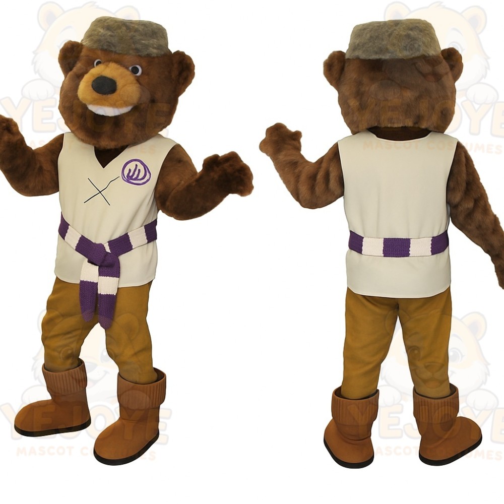 Brown Cream Purple Bear Mascot Costume