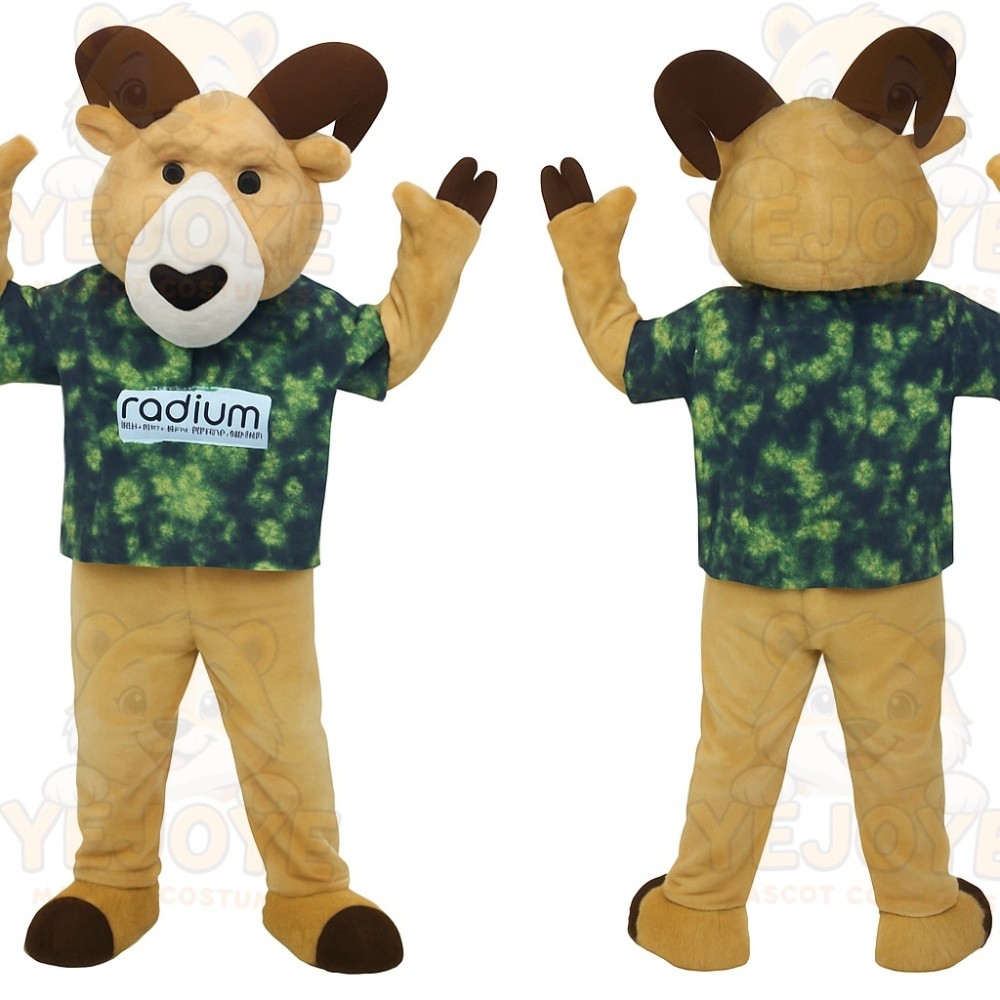 Tan Brown Ram With Green Shirt Mascot Costume