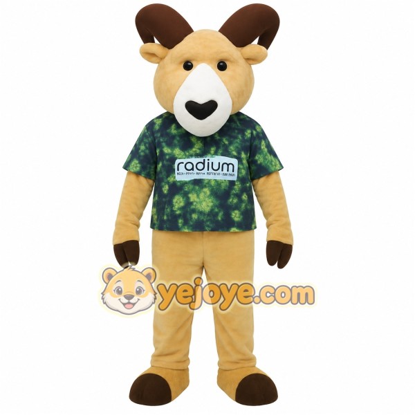Tan Brown Ram With Green Shirt Mascot Costume Tan Brown Ram With Green Shirt Mascot Costume