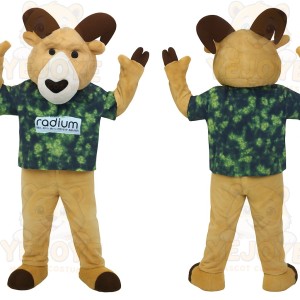Tan Brown Ram With Green Shirt Mascot Costume