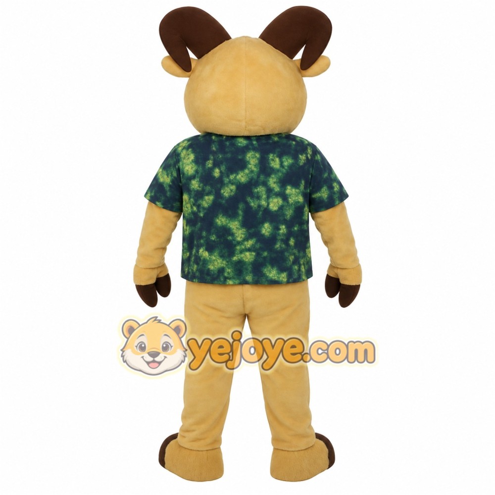 Tan Brown Ram With Green Shirt Mascot Costume Tan Brown Ram With Green Shirt Mascot Costume