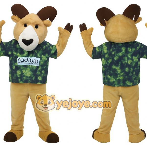 Tan Brown Ram With Green Shirt Mascot Costume