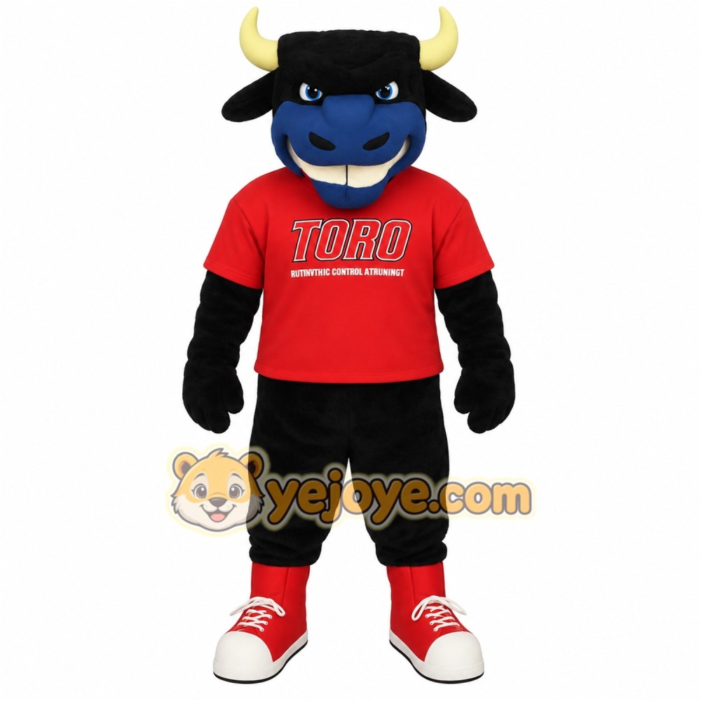 Black Blue Bull With Red Shirt Mascot Costume Black Blue Bull With Red Shirt Mascot Costume