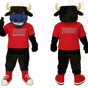 Black Blue Bull With Red Shirt Mascot Costume