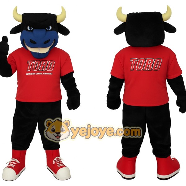 Black Blue Bull With Red Shirt Mascot Costume