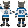 Gray Blue White Hockey Wolf Mascot Costume