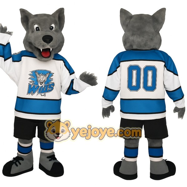 Gray Blue White Hockey Wolf Mascot Costume