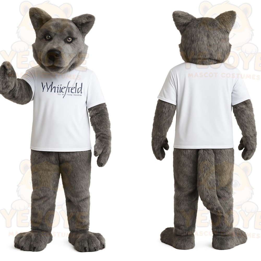 Gray Wolf In White Shirt Mascot Costume