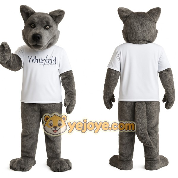 Gray Wolf In White Shirt Mascot Costume