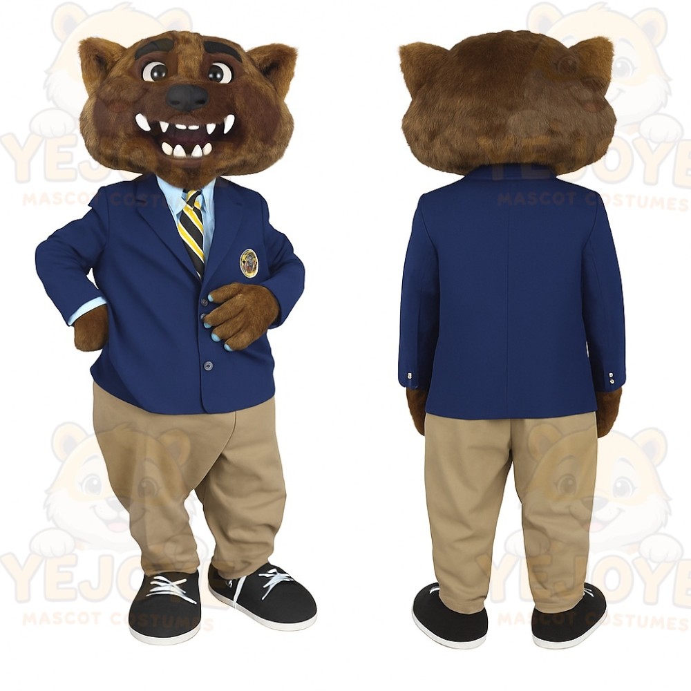 Brown Bear In Navy Blazer Mascot Costume