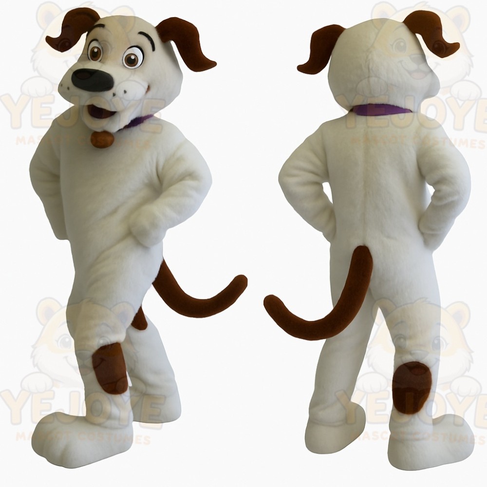 White Brown Spotted Dog With Purple Collar Mascot Costume