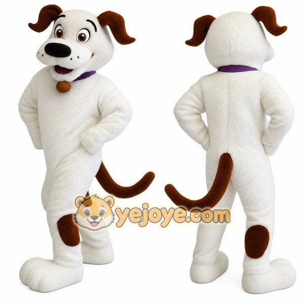 White Brown Spotted Dog With Purple Collar Mascot Costume