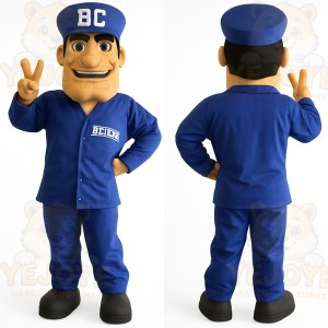 Blue Uniform Worker Man Mascot Costume