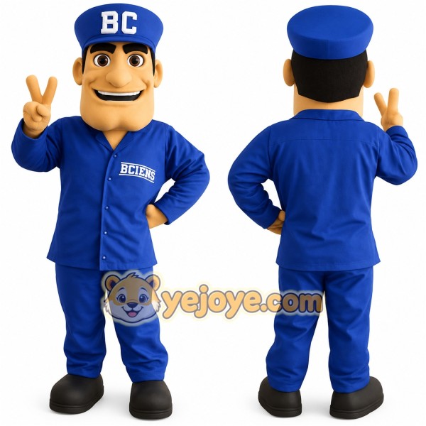 Blue Uniform Worker Man Mascot Costume