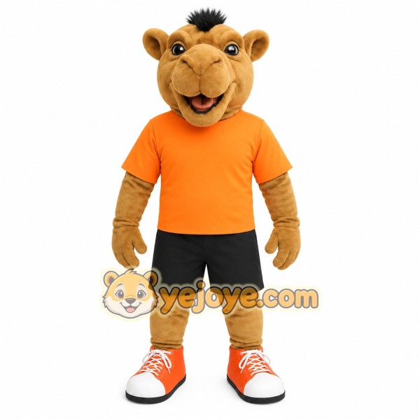 Brown Camel With Orange Shirt Mascot Costume
