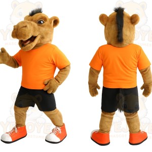 Brown Camel With Orange Shirt Mascot Costume