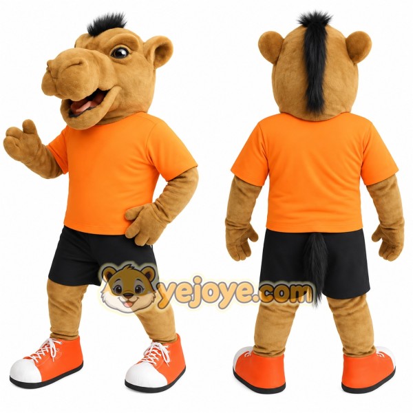 Brown Camel With Orange Shirt Mascot Costume