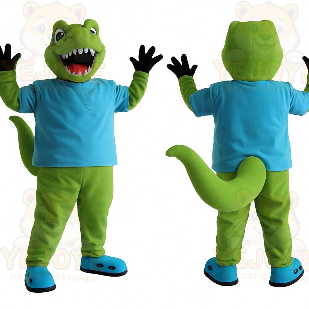 Green Dinosaur With Blue Shirt Mascot Costume